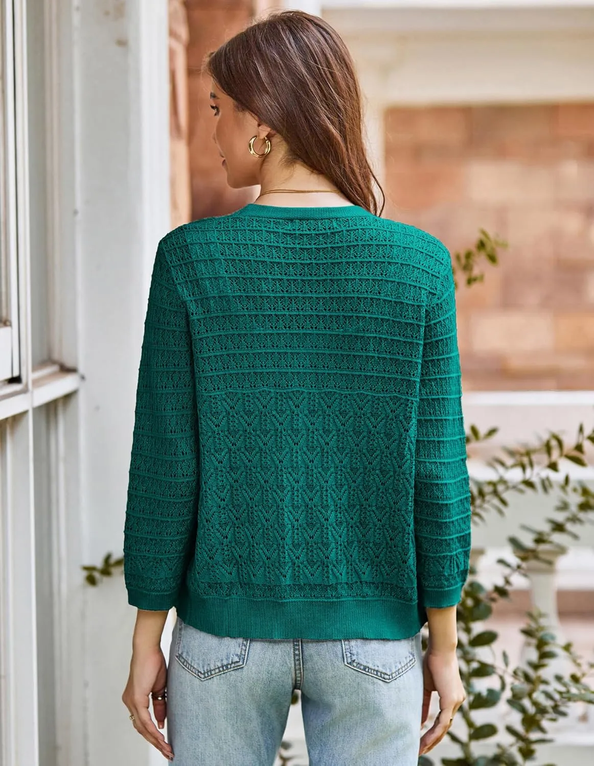 GRACE KARIN 2025 Women's 3/4 Sleeve Crochet Knit Button Down Cardigan Cropped Shrug Bolero Lightweight Sweaters Tops