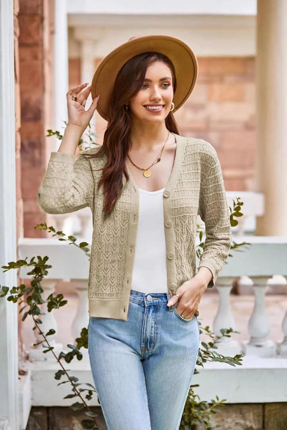 GRACE KARIN 2025 Women's 3/4 Sleeve Crochet Knit Button Down Cardigan Cropped Shrug Bolero Lightweight Sweaters Tops