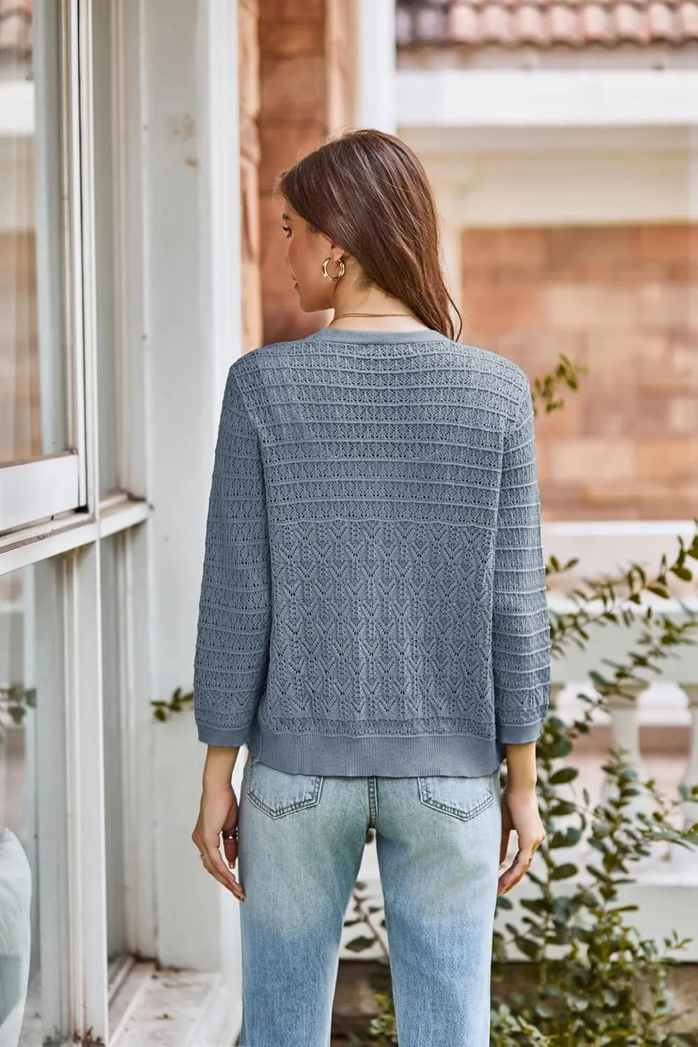 GRACE KARIN 2025 Women's 3/4 Sleeve Crochet Knit Button Down Cardigan Cropped Shrug Bolero Lightweight Sweaters Tops