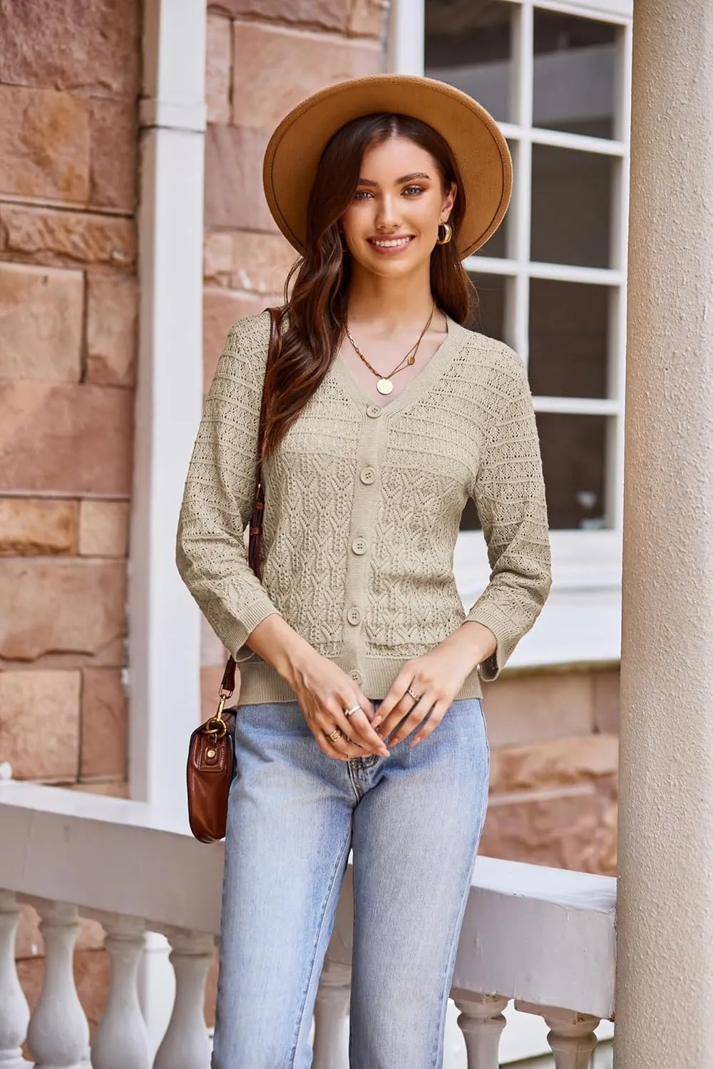 GRACE KARIN 2025 Women's 3/4 Sleeve Crochet Knit Button Down Cardigan Cropped Shrug Bolero Lightweight Sweaters Tops