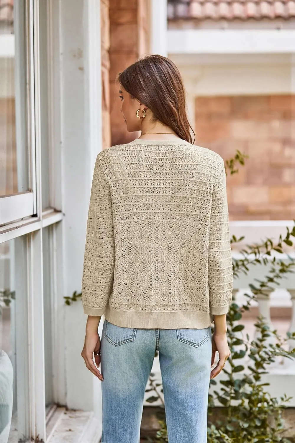 GRACE KARIN 2025 Women's 3/4 Sleeve Crochet Knit Button Down Cardigan Cropped Shrug Bolero Lightweight Sweaters Tops