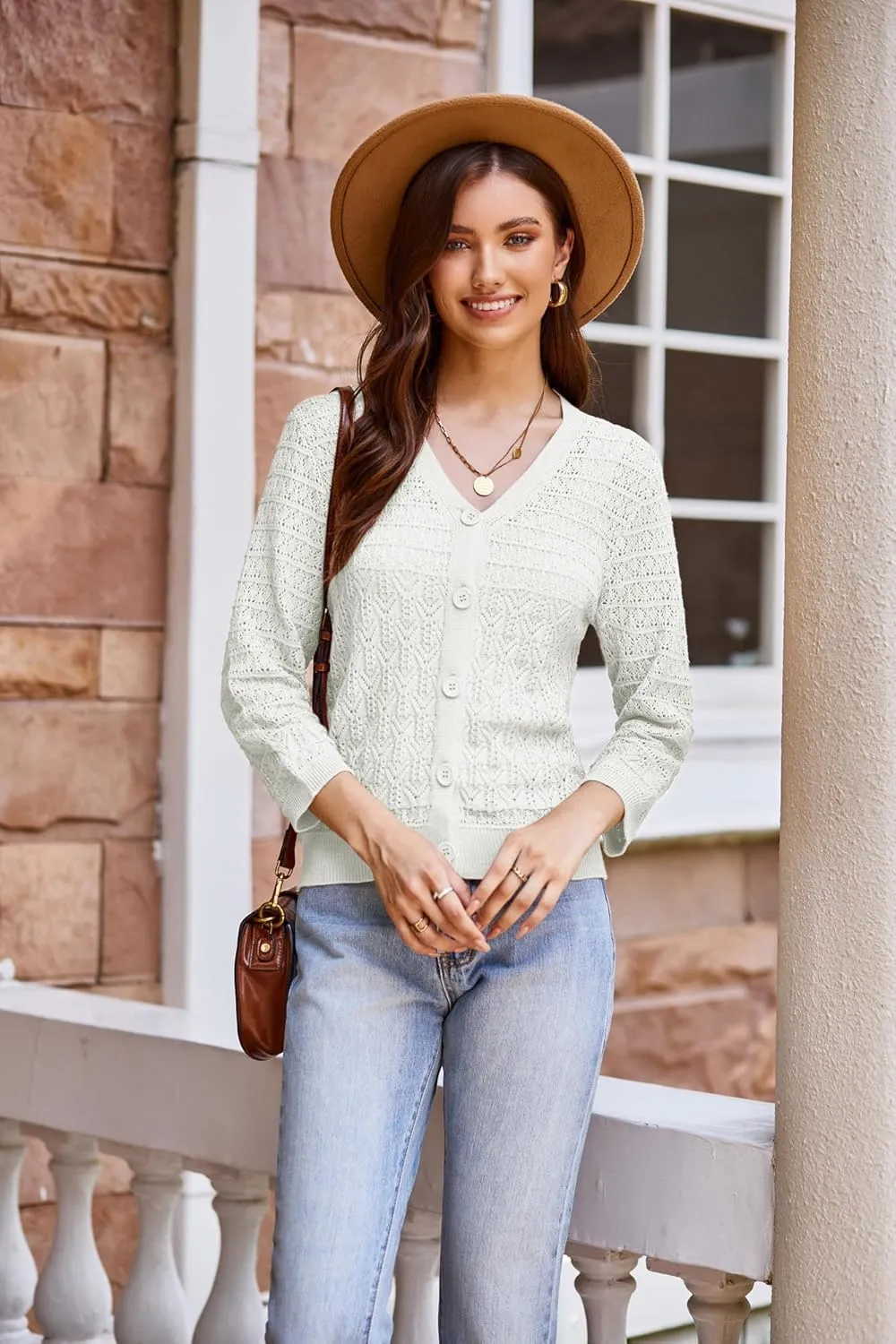 GRACE KARIN 2025 Women's 3/4 Sleeve Crochet Knit Button Down Cardigan Cropped Shrug Bolero Lightweight Sweaters Tops