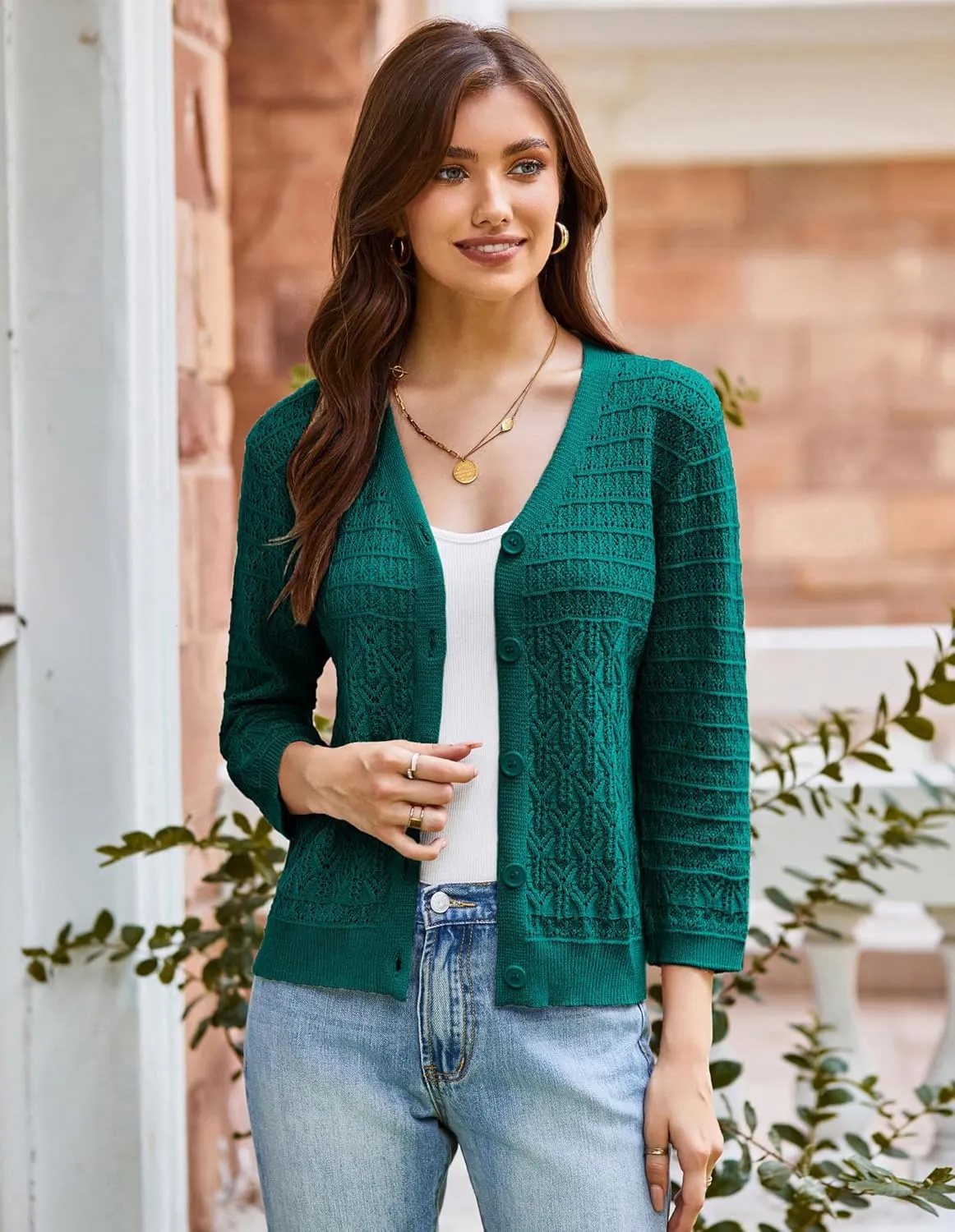 GRACE KARIN 2025 Women's 3/4 Sleeve Crochet Knit Button Down Cardigan Cropped Shrug Bolero Lightweight Sweaters Tops