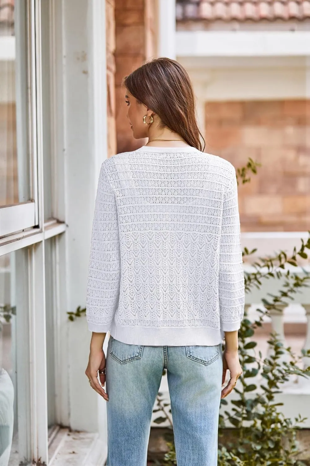 GRACE KARIN 2025 Women's 3/4 Sleeve Crochet Knit Button Down Cardigan Cropped Shrug Bolero Lightweight Sweaters Tops