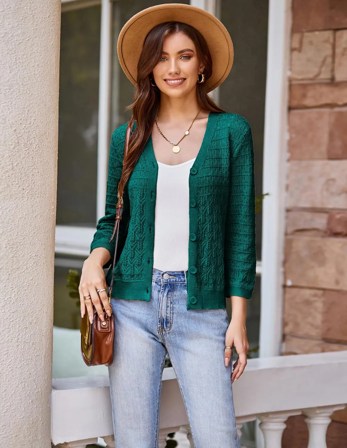 GRACE KARIN 2025 Women's 3/4 Sleeve Crochet Knit Button Down Cardigan Cropped Shrug Bolero Lightweight Sweaters Tops