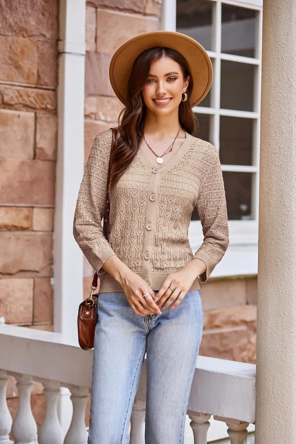 GRACE KARIN 2025 Women's 3/4 Sleeve Crochet Knit Button Down Cardigan Cropped Shrug Bolero Lightweight Sweaters Tops