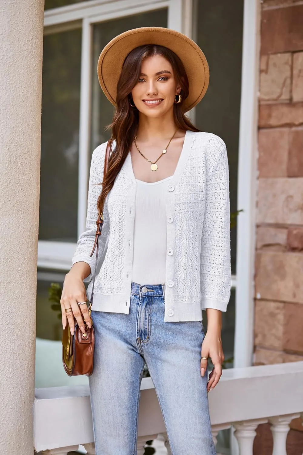 GRACE KARIN 2025 Women's 3/4 Sleeve Crochet Knit Button Down Cardigan Cropped Shrug Bolero Lightweight Sweaters Tops