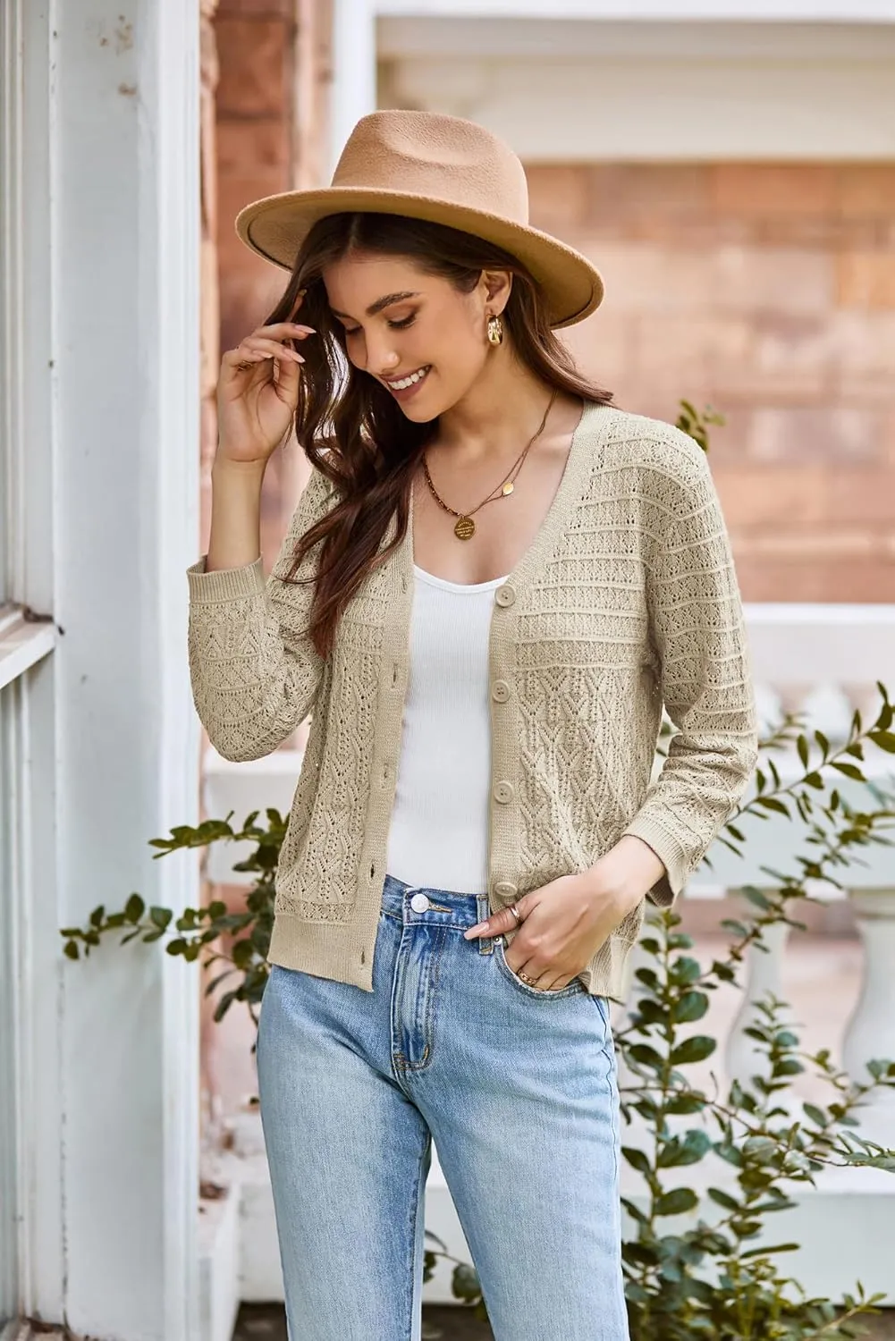 GRACE KARIN 2025 Women's 3/4 Sleeve Crochet Knit Button Down Cardigan Cropped Shrug Bolero Lightweight Sweaters Tops