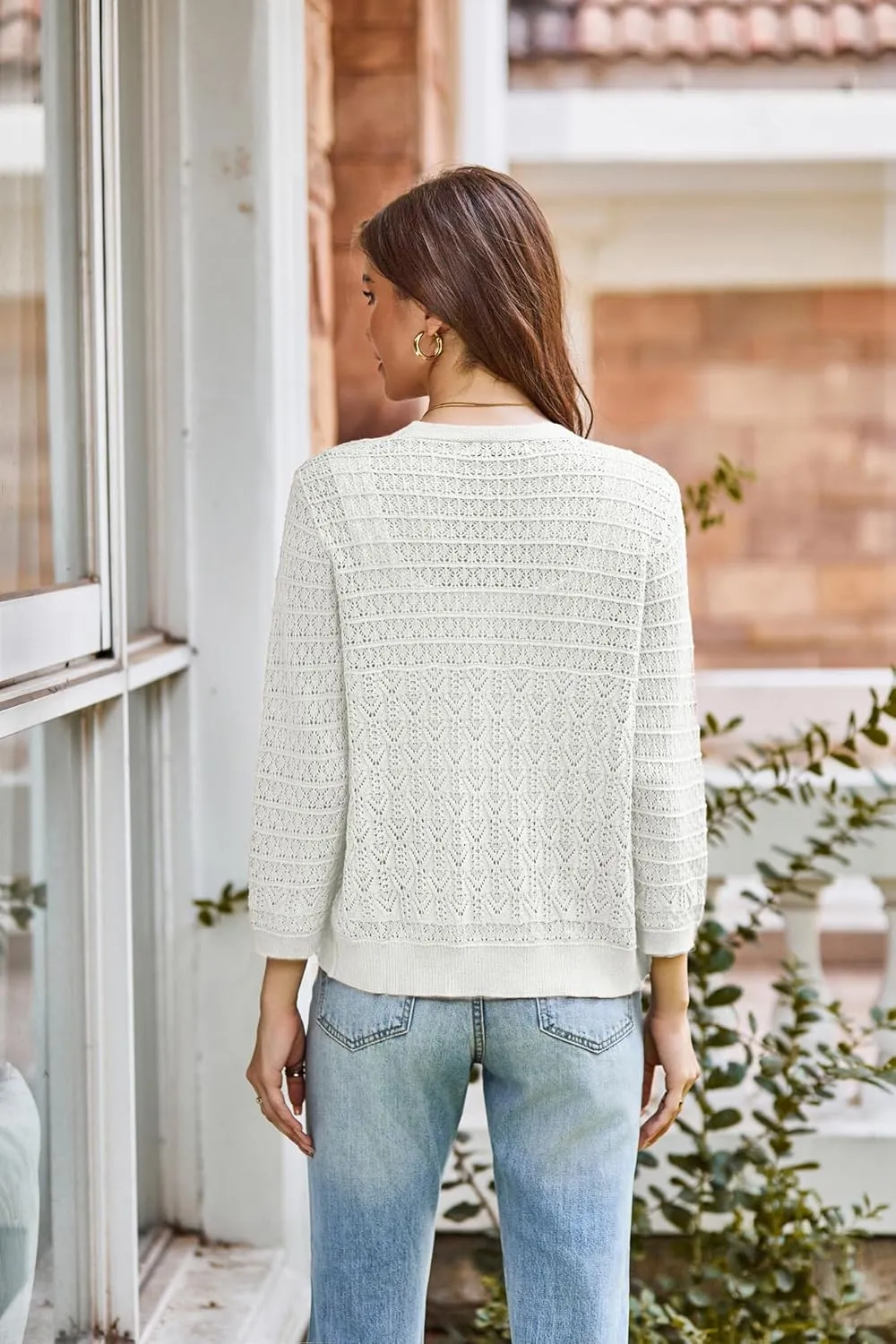 GRACE KARIN 2025 Women's 3/4 Sleeve Crochet Knit Button Down Cardigan Cropped Shrug Bolero Lightweight Sweaters Tops