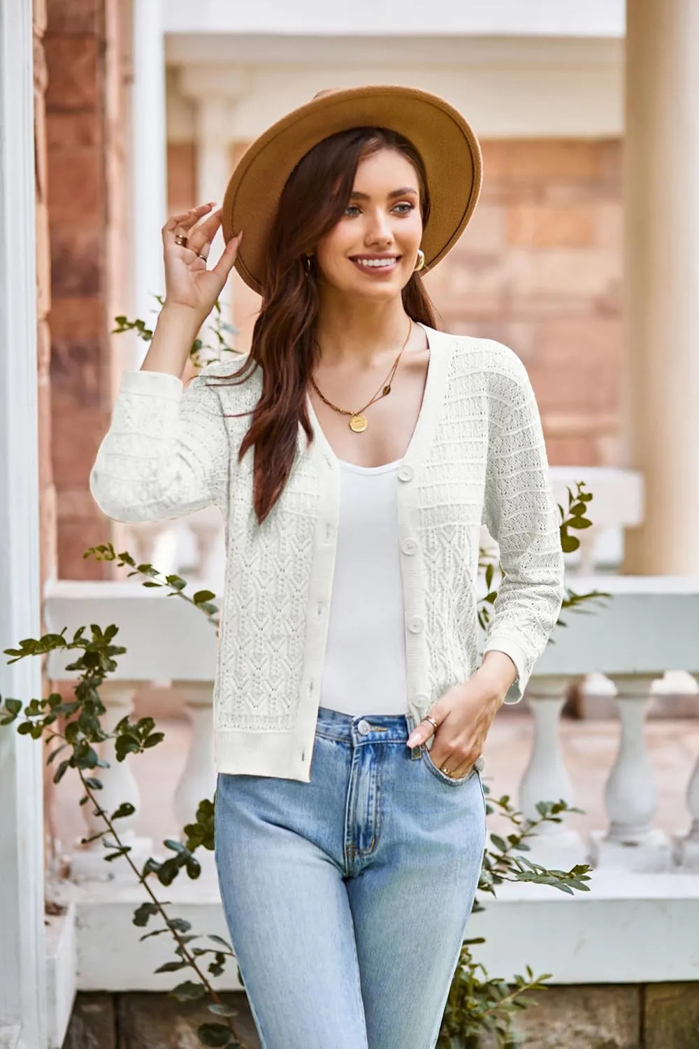 GRACE KARIN 2025 Women's 3/4 Sleeve Crochet Knit Button Down Cardigan Cropped Shrug Bolero Lightweight Sweaters Tops