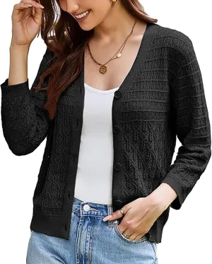 GRACE KARIN 2025 Women's 3/4 Sleeve Crochet Knit Button Down Cardigan Cropped Shrug Bolero Lightweight Sweaters Tops