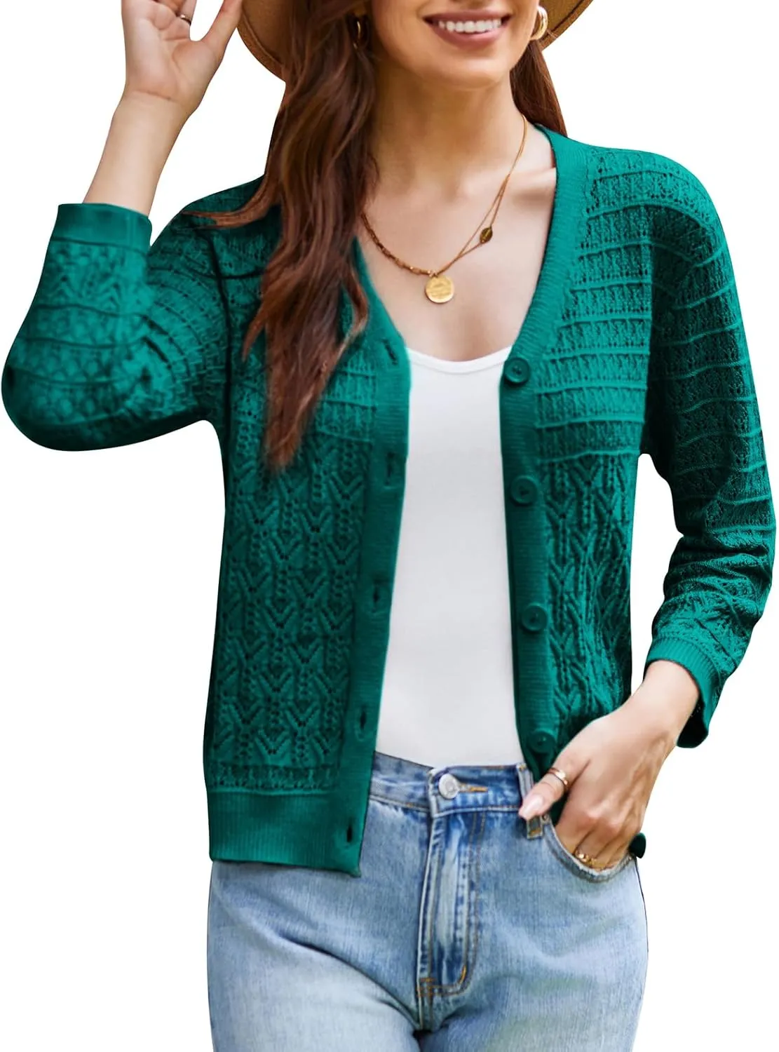 GRACE KARIN 2025 Women's 3/4 Sleeve Crochet Knit Button Down Cardigan Cropped Shrug Bolero Lightweight Sweaters Tops