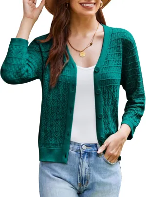 GRACE KARIN 2025 Women's 3/4 Sleeve Crochet Knit Button Down Cardigan Cropped Shrug Bolero Lightweight Sweaters Tops