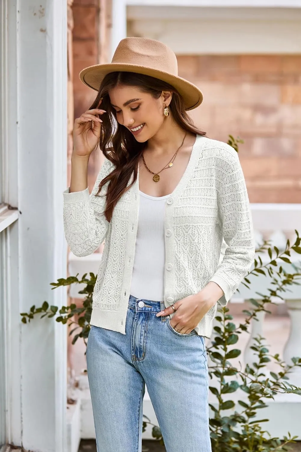 GRACE KARIN 2025 Women's 3/4 Sleeve Crochet Knit Button Down Cardigan Cropped Shrug Bolero Lightweight Sweaters Tops
