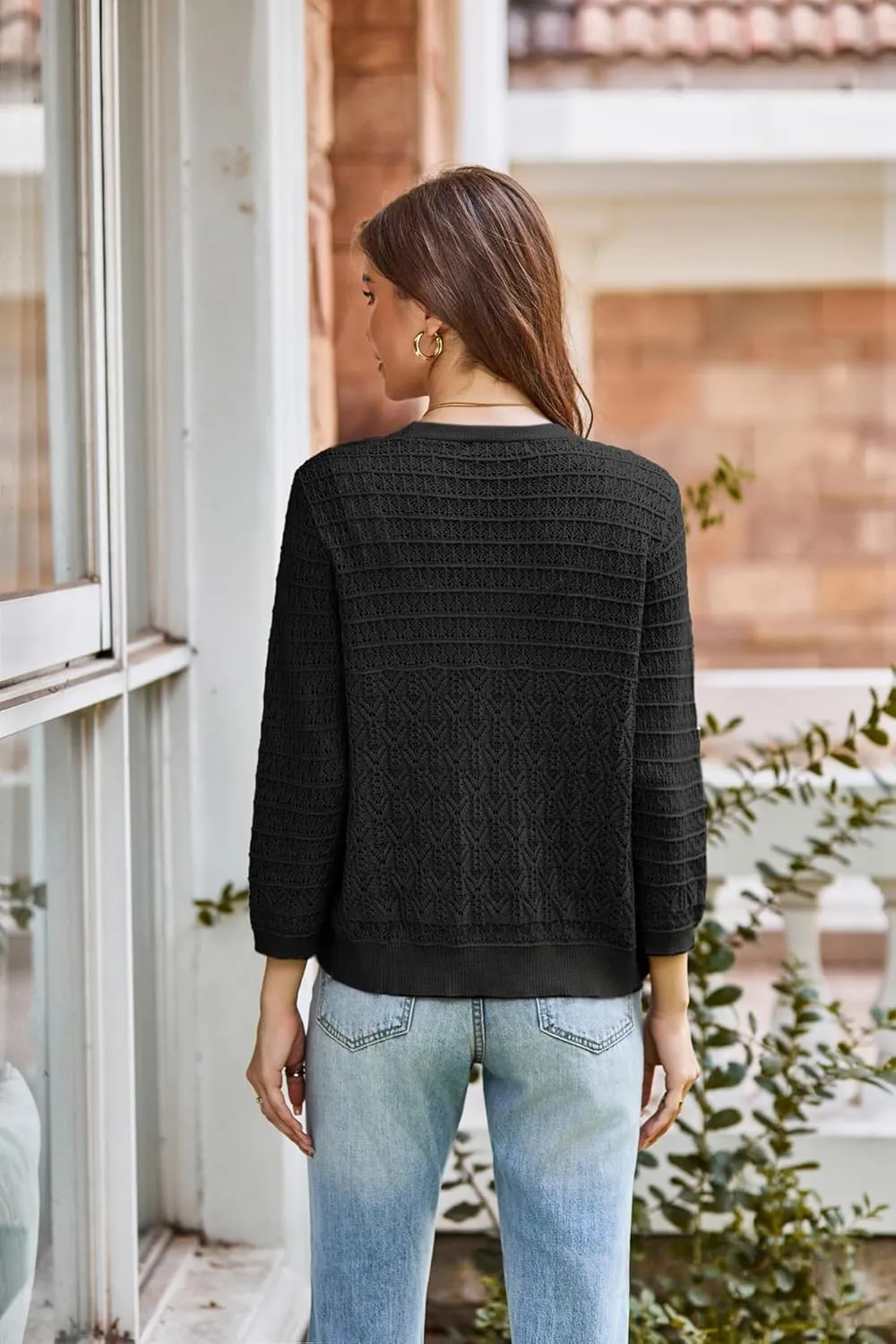 GRACE KARIN 2025 Women's 3/4 Sleeve Crochet Knit Button Down Cardigan Cropped Shrug Bolero Lightweight Sweaters Tops