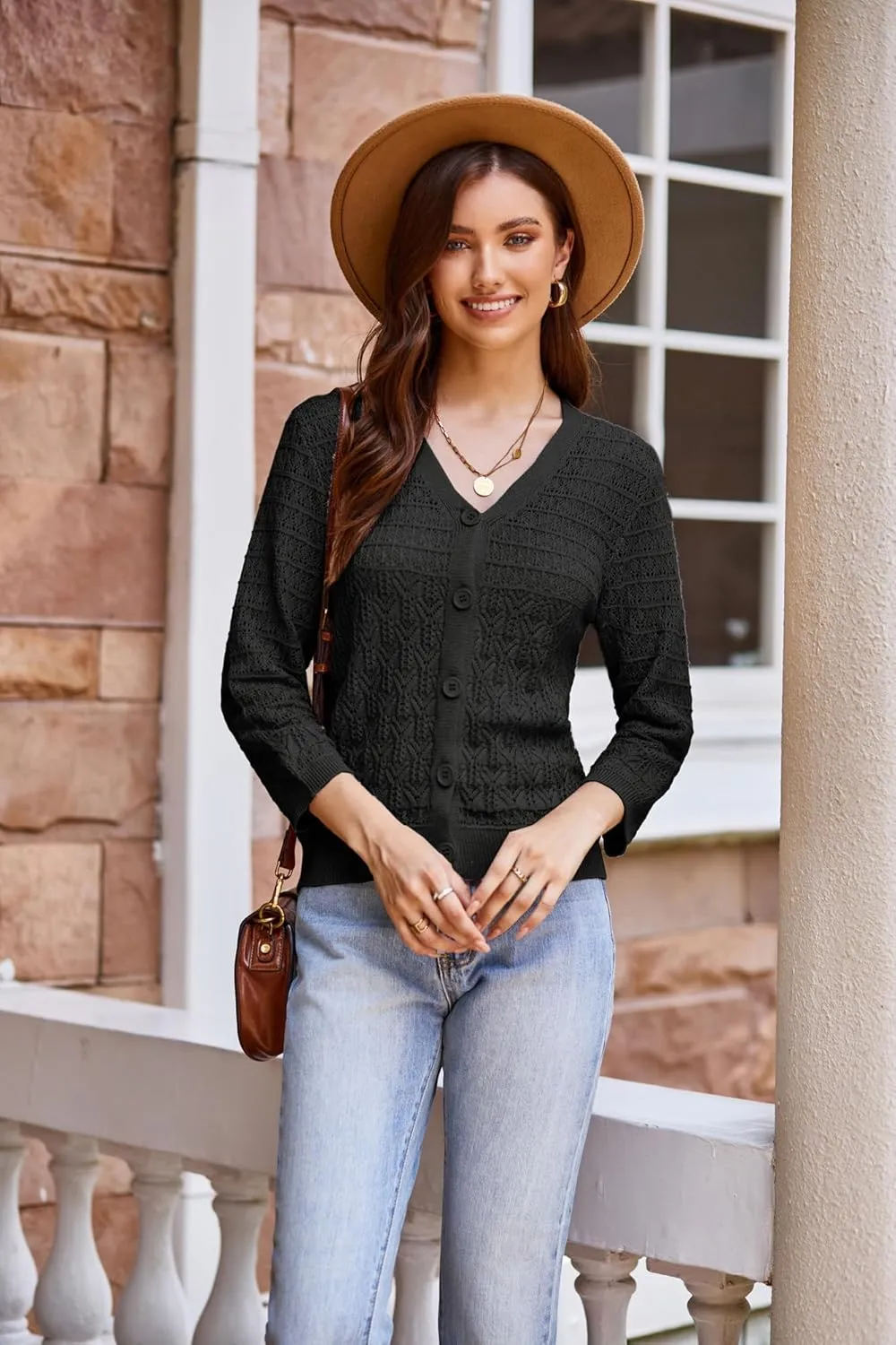 GRACE KARIN 2025 Women's 3/4 Sleeve Crochet Knit Button Down Cardigan Cropped Shrug Bolero Lightweight Sweaters Tops
