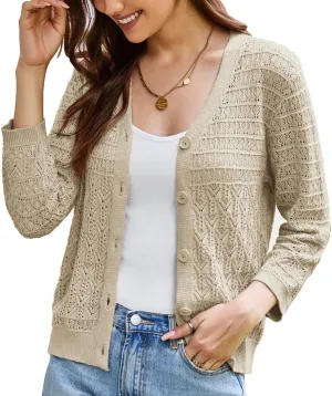 GRACE KARIN 2025 Women's 3/4 Sleeve Crochet Knit Button Down Cardigan Cropped Shrug Bolero Lightweight Sweaters Tops