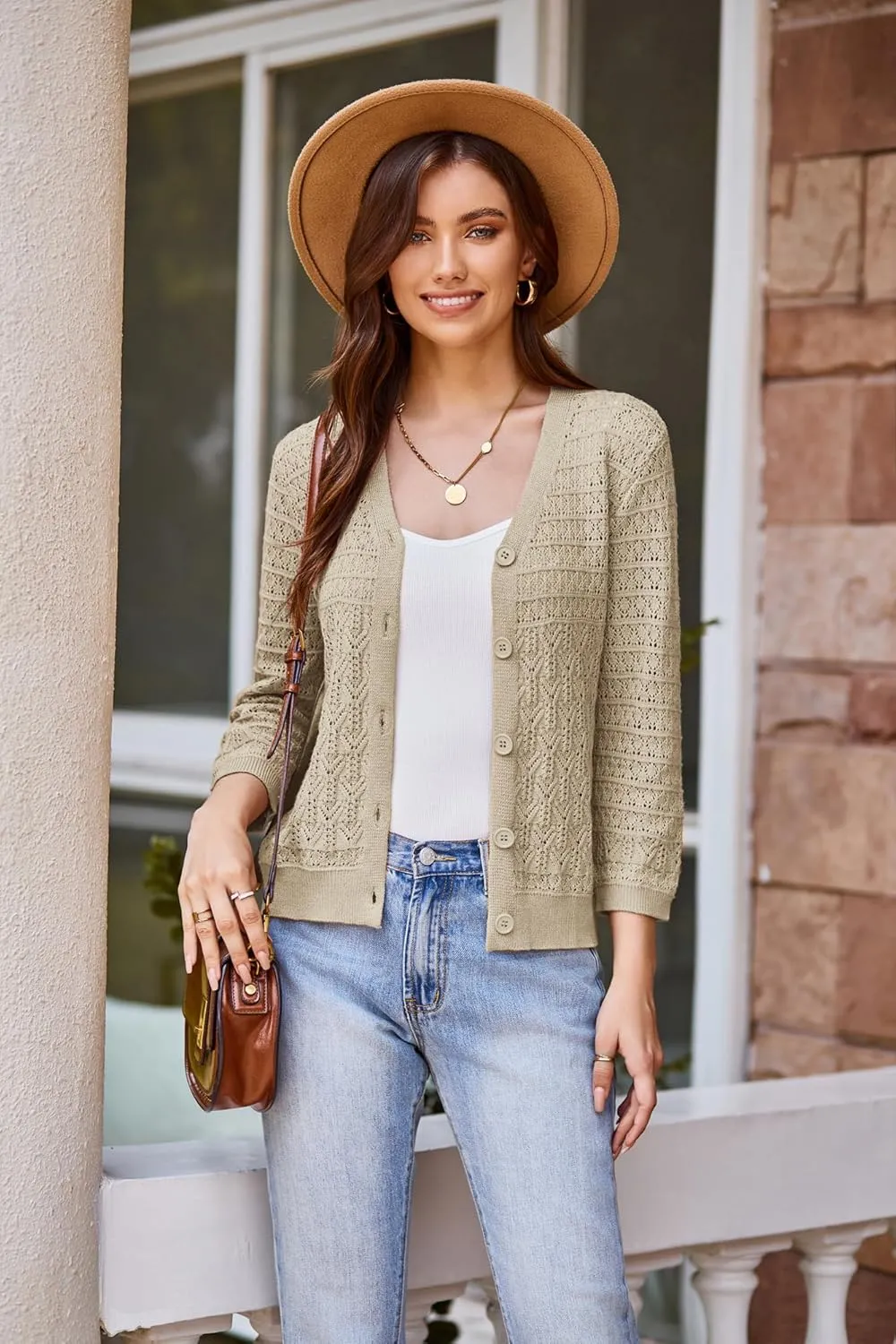 GRACE KARIN 2025 Women's 3/4 Sleeve Crochet Knit Button Down Cardigan Cropped Shrug Bolero Lightweight Sweaters Tops