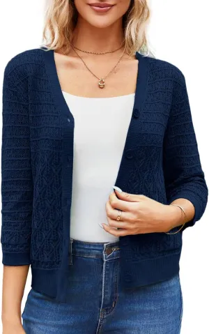 GRACE KARIN 2025 Women's 3/4 Sleeve Crochet Knit Button Down Cardigan Cropped Shrug Bolero Lightweight Sweaters Tops