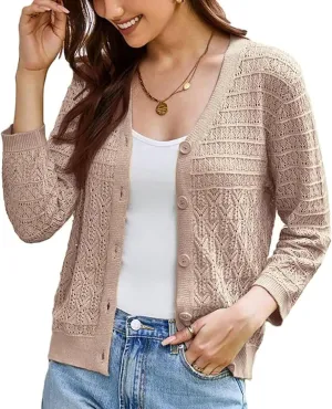 GRACE KARIN 2025 Women's 3/4 Sleeve Crochet Knit Button Down Cardigan Cropped Shrug Bolero Lightweight Sweaters Tops