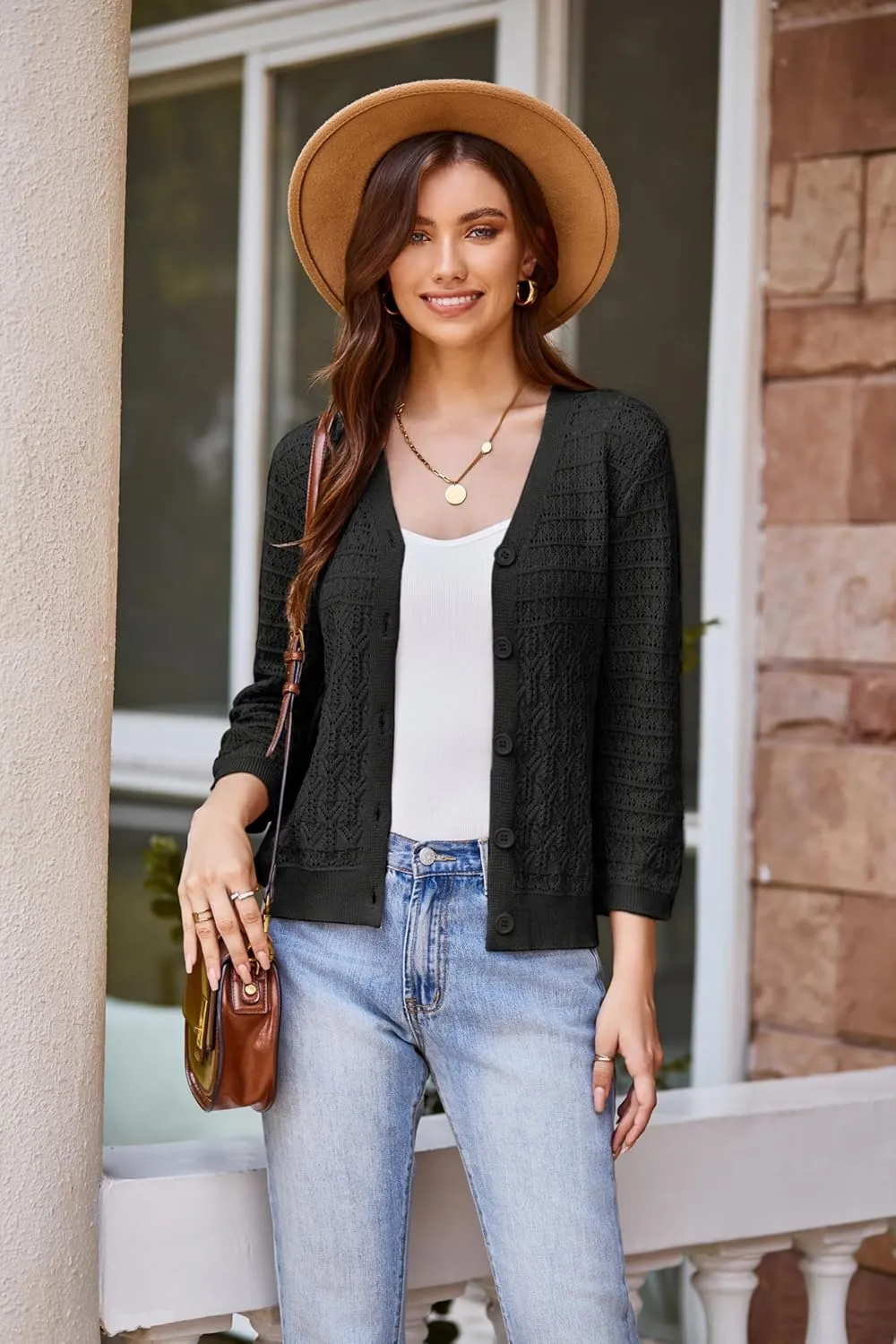 GRACE KARIN 2025 Women's 3/4 Sleeve Crochet Knit Button Down Cardigan Cropped Shrug Bolero Lightweight Sweaters Tops