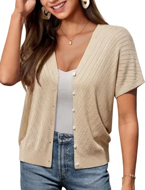 GRACE KARIN Women's Lightweight Summer Cardigan Sweater V Neck Button Down Open Front Crochet Knit Cropped Bolero Shrugs