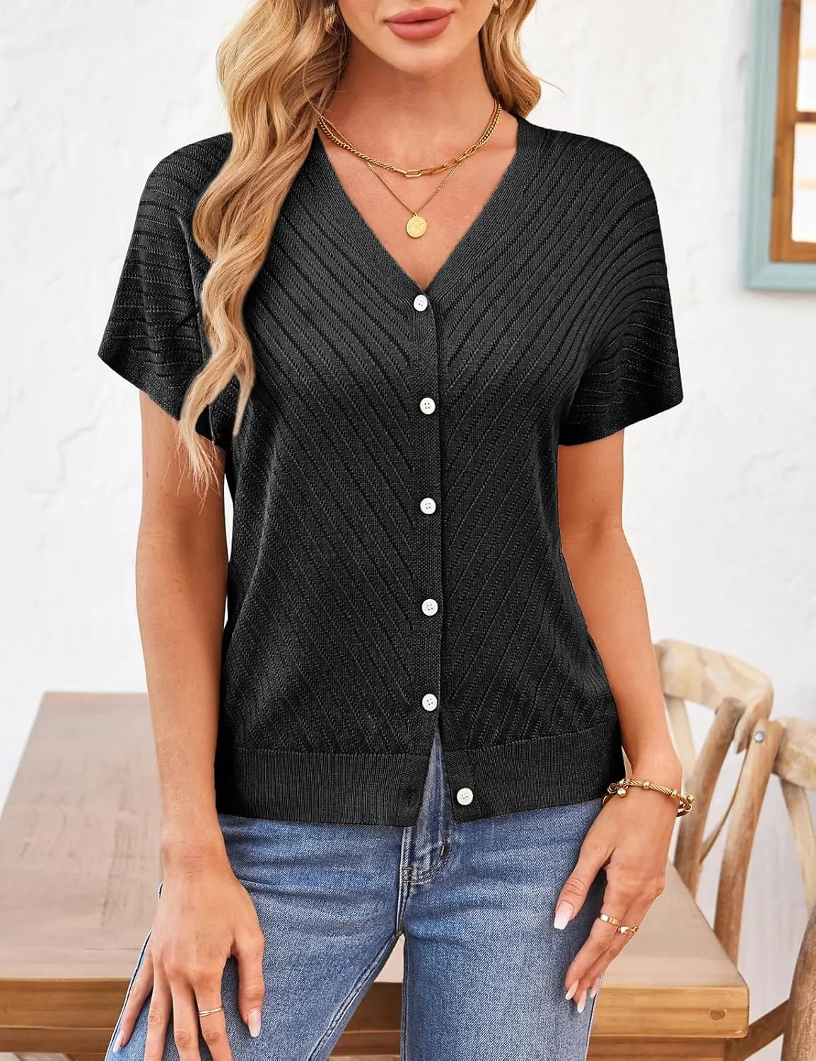 GRACE KARIN Women's Lightweight Summer Cardigan Sweater V Neck Button Down Open Front Crochet Knit Cropped Bolero Shrugs