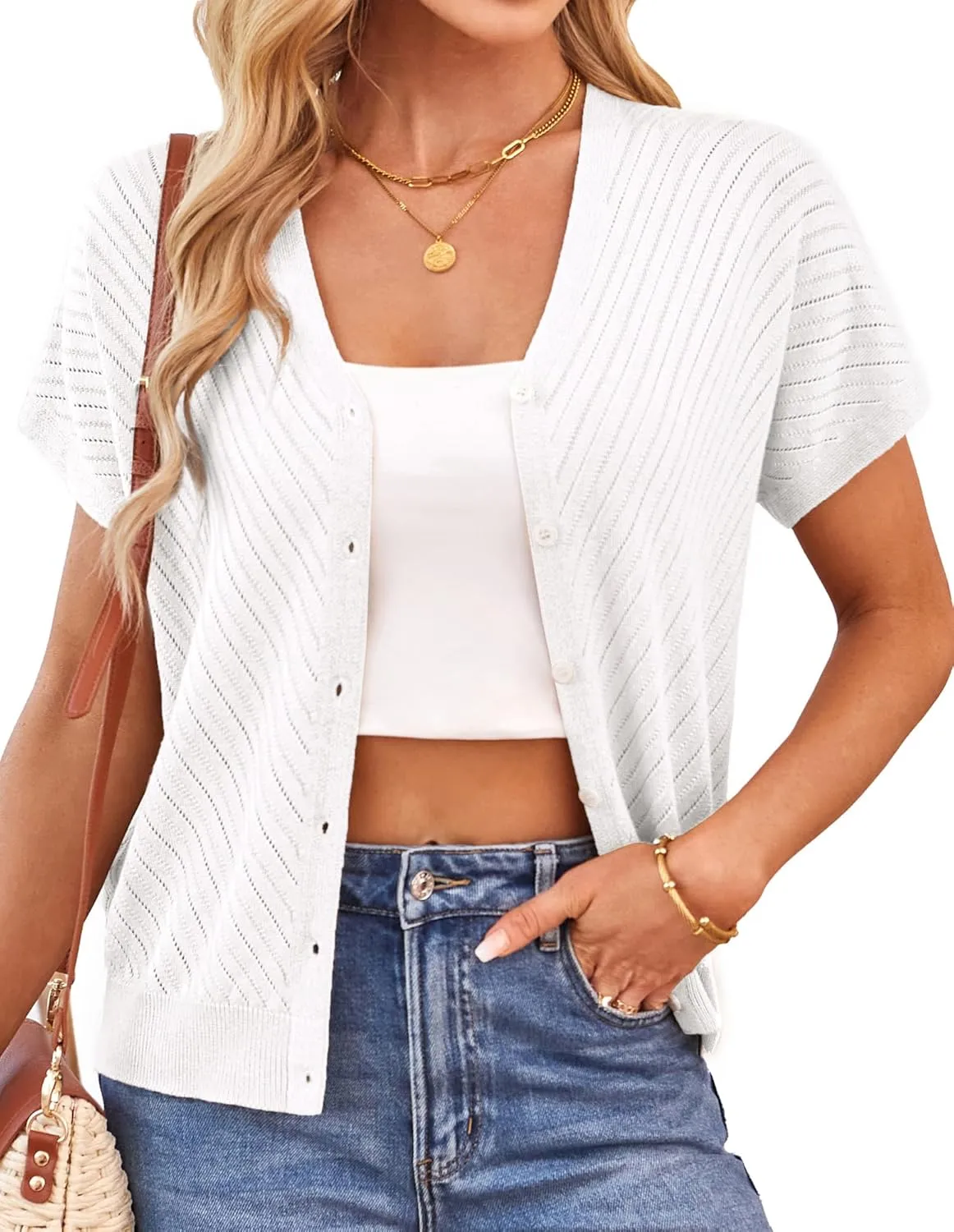 GRACE KARIN Women's Lightweight Summer Cardigan Sweater V Neck Button Down Open Front Crochet Knit Cropped Bolero Shrugs