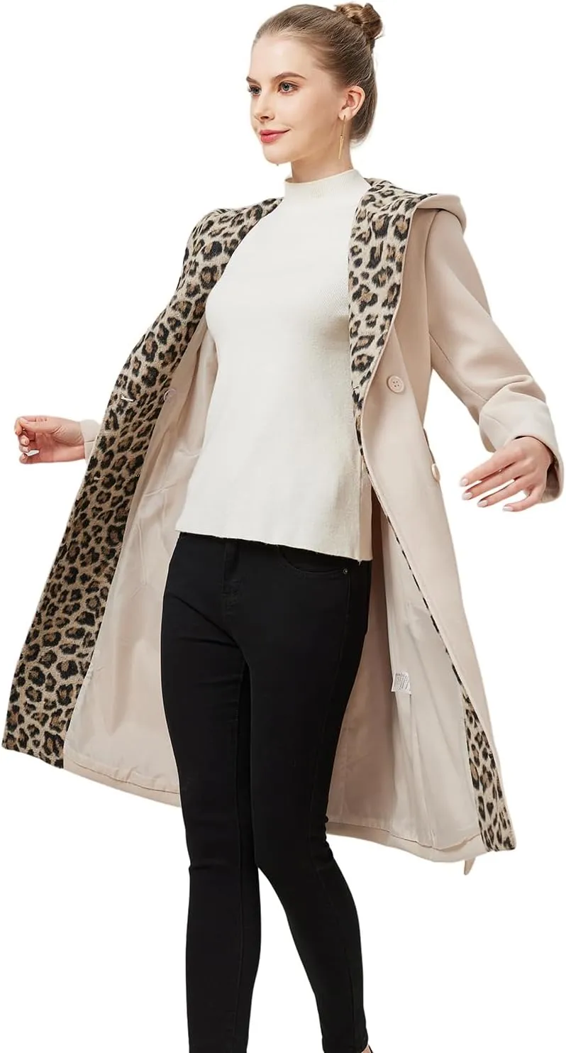 GRAN ORIENTE Winter Mid Length Pea Coats For Women With Leopard Hood,Long Dressy Trench Button Down Peacoat