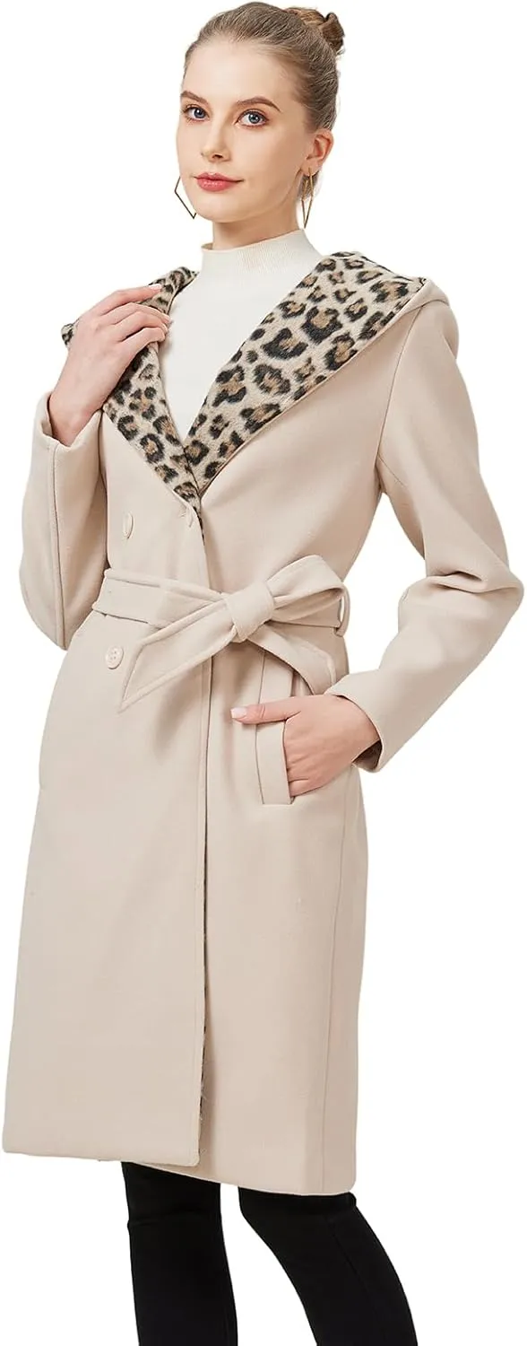 GRAN ORIENTE Winter Mid Length Pea Coats For Women With Leopard Hood,Long Dressy Trench Button Down Peacoat