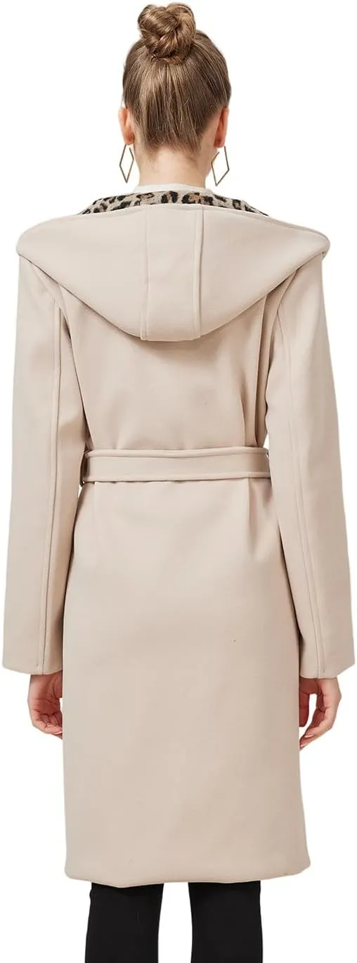 GRAN ORIENTE Winter Mid Length Pea Coats For Women With Leopard Hood,Long Dressy Trench Button Down Peacoat