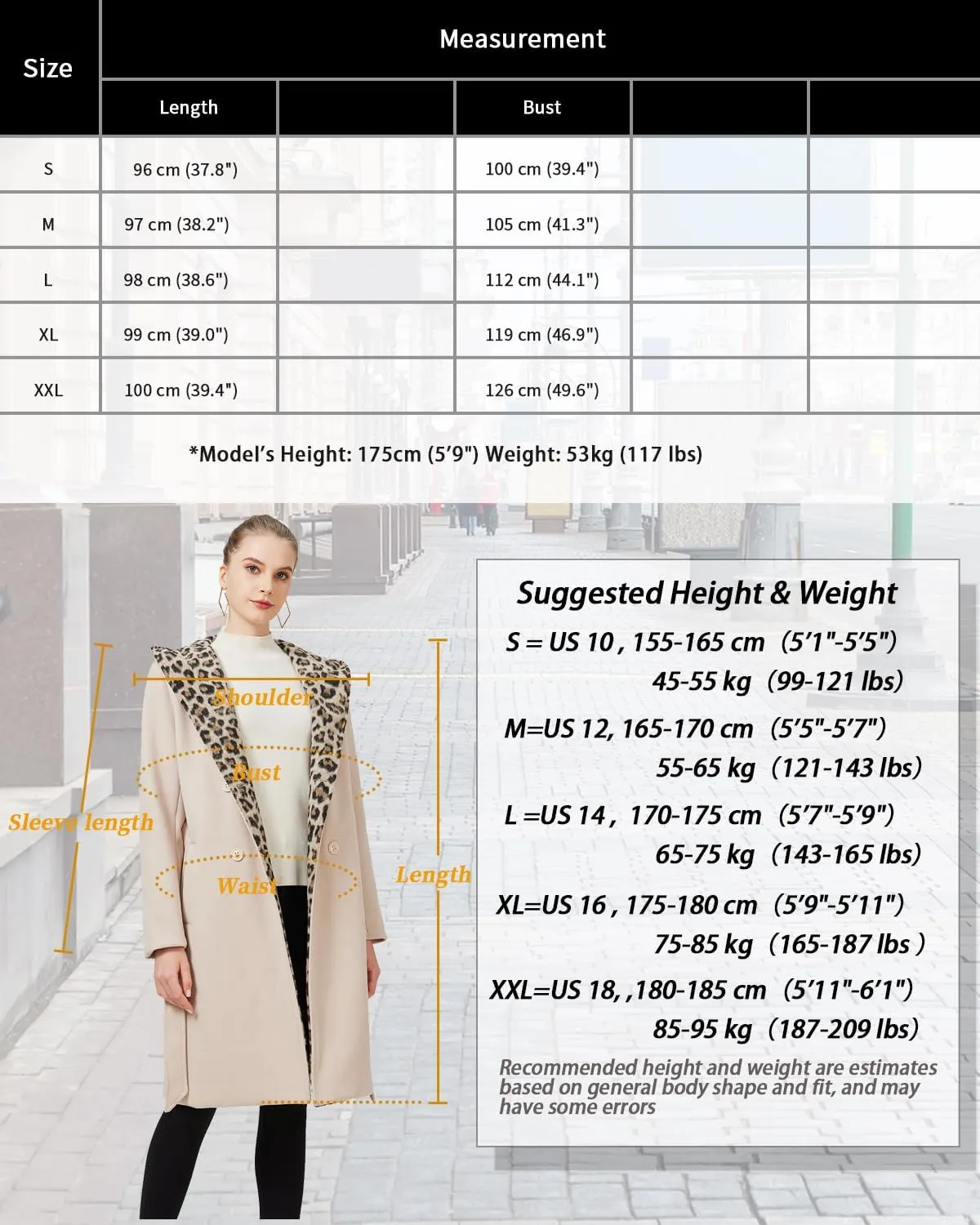 GRAN ORIENTE Winter Mid Length Pea Coats For Women With Leopard Hood,Long Dressy Trench Button Down Peacoat