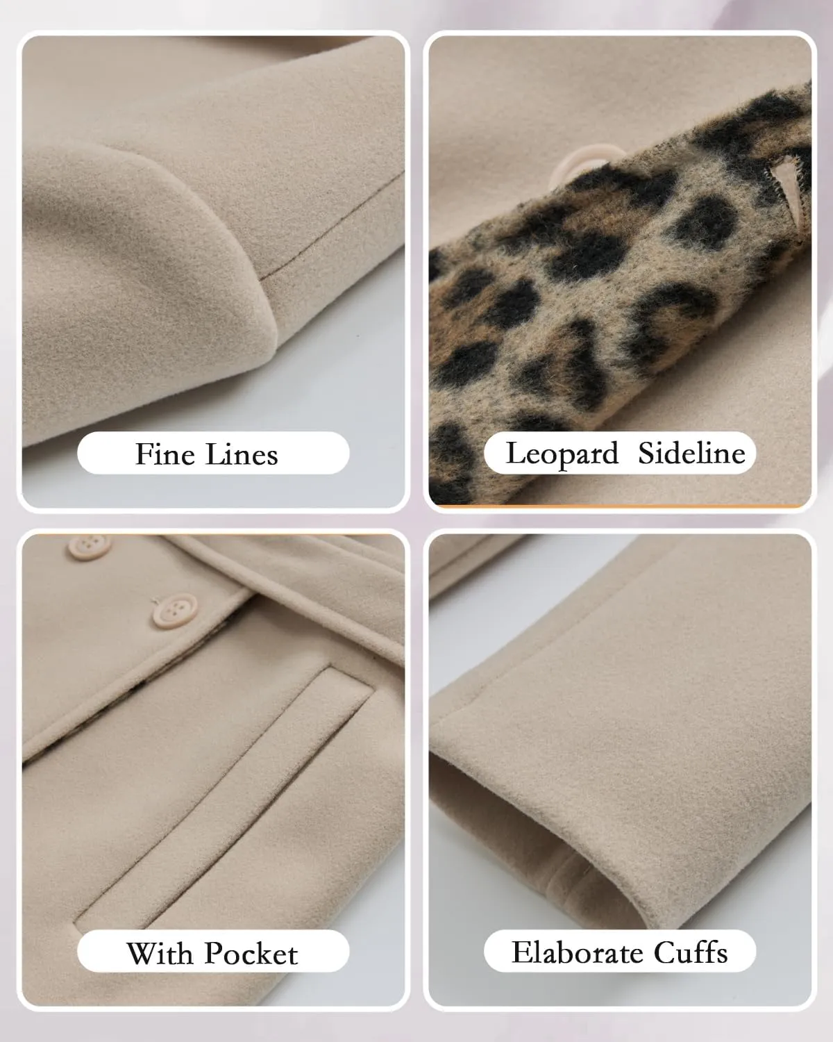 GRAN ORIENTE Winter Mid Length Pea Coats For Women With Leopard Hood,Long Dressy Trench Button Down Peacoat