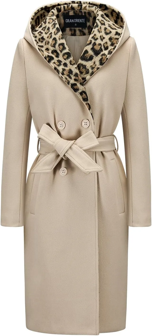GRAN ORIENTE Winter Mid Length Pea Coats For Women With Leopard Hood,Long Dressy Trench Button Down Peacoat