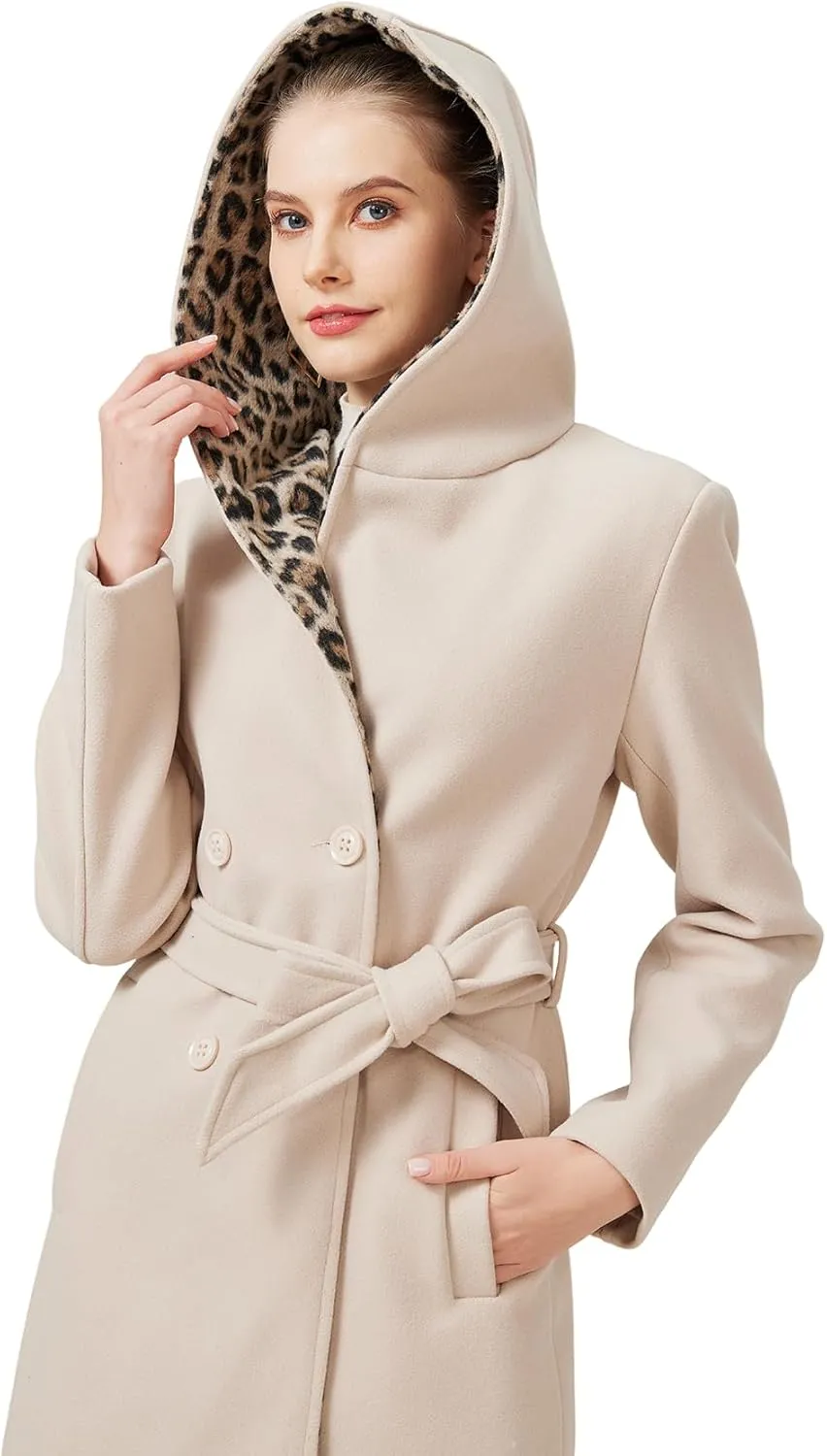 GRAN ORIENTE Winter Mid Length Pea Coats For Women With Leopard Hood,Long Dressy Trench Button Down Peacoat