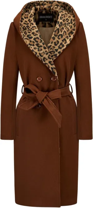 GRAN ORIENTE Winter Mid Length Pea Coats For Women With Leopard Hood,Long Dressy Trench Button Down Peacoat