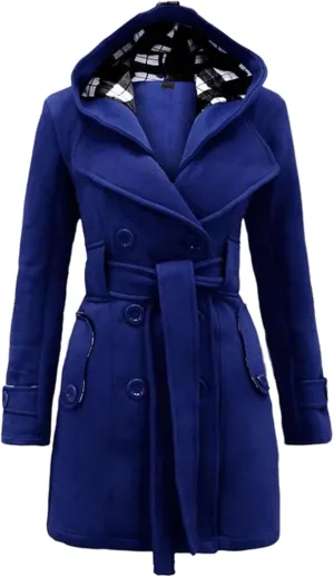 GRASWE Women's Winter Double Breasted Plaid Pea Coat Mid Long Outwear Coat with Hood