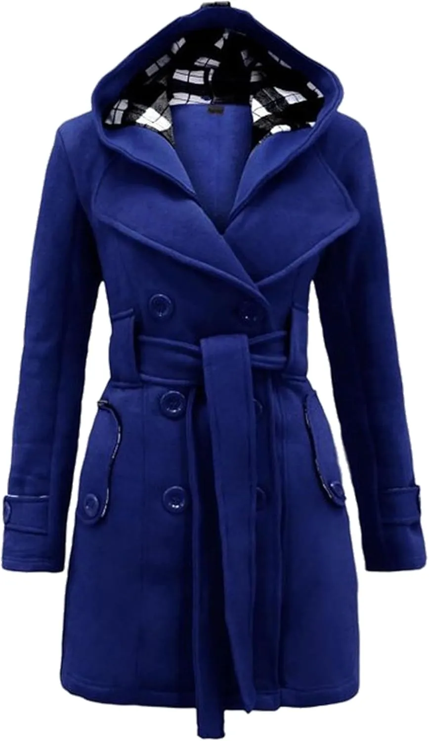 GRASWE Women's Winter Double Breasted Plaid Pea Coat Mid Long Outwear Coat with Hood