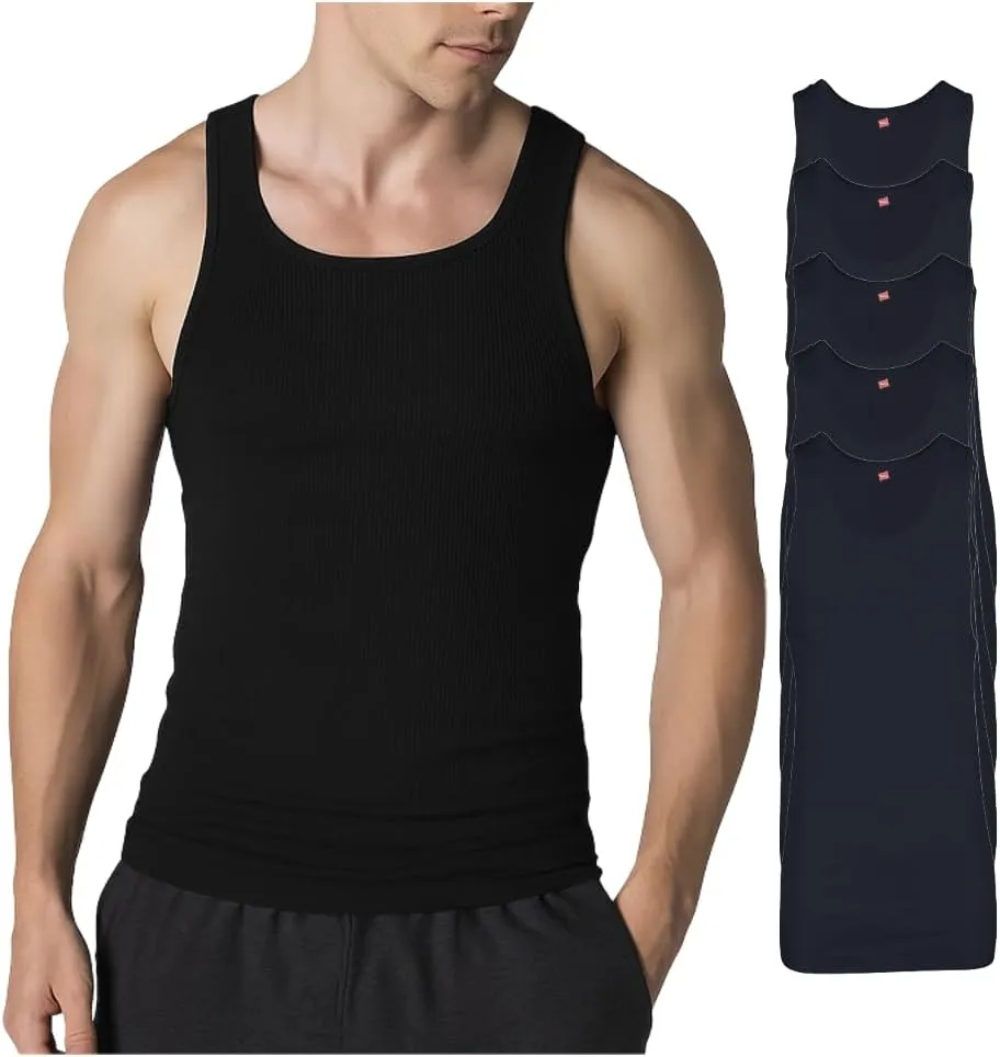 Hanes Mens Tall 100% Cotton Ribbed Tank Tagless Undershirts, Multipack