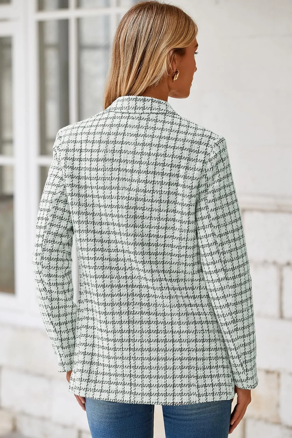 Happy Sailed Womens Plaid Tweed Blazers Dressy Casual Long Sleeve Double Breasted Open Front Blazer Jackets Work Suits