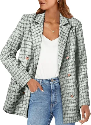 Happy Sailed Womens Plaid Tweed Blazers Dressy Casual Long Sleeve Double Breasted Open Front Blazer Jackets Work Suits