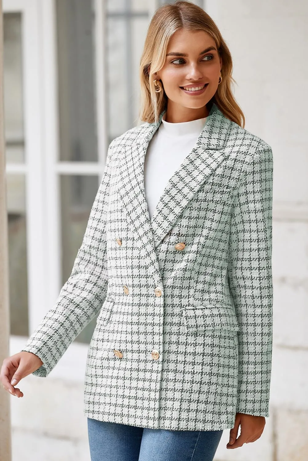 Happy Sailed Womens Plaid Tweed Blazers Dressy Casual Long Sleeve Double Breasted Open Front Blazer Jackets Work Suits