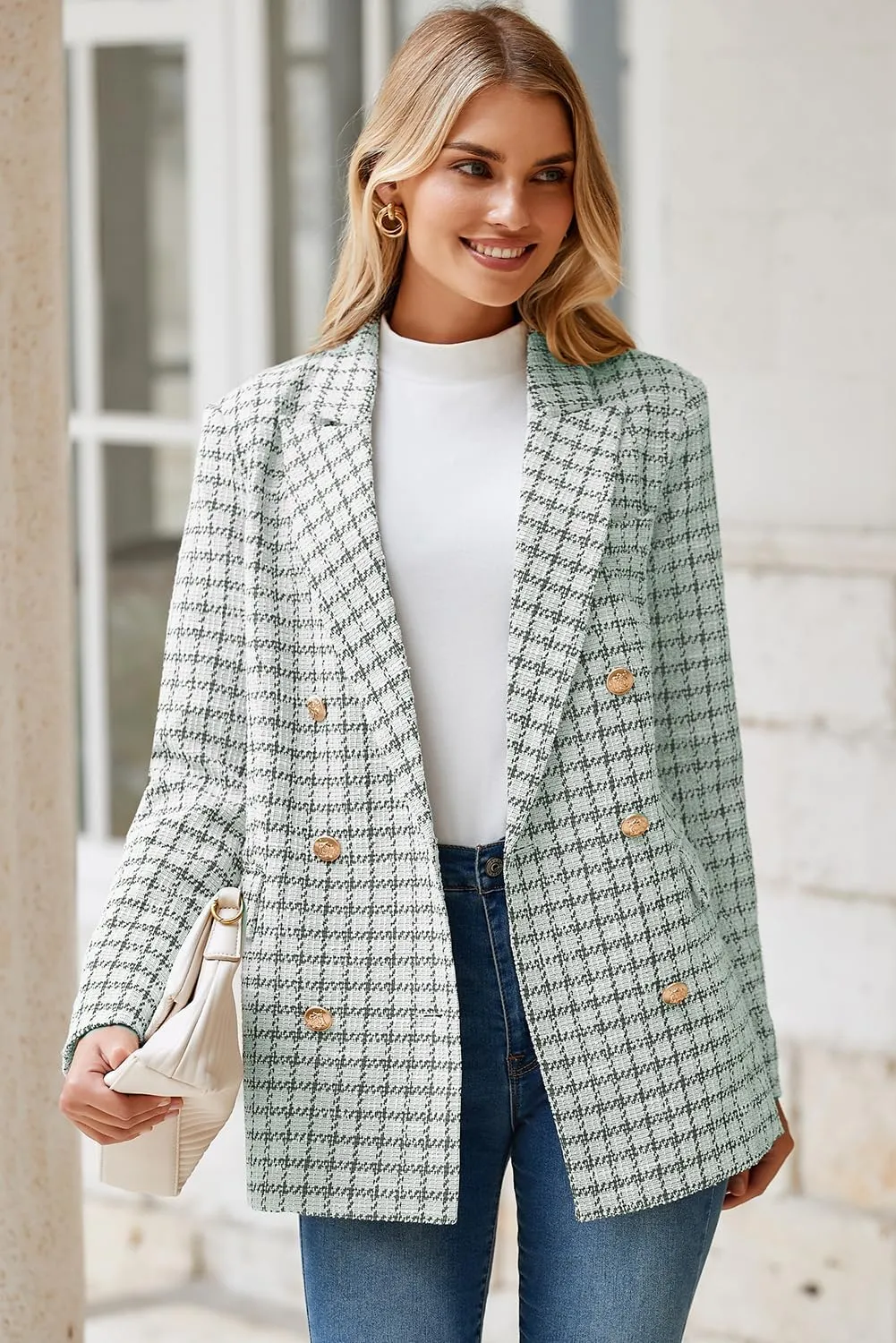 Happy Sailed Womens Plaid Tweed Blazers Dressy Casual Long Sleeve Double Breasted Open Front Blazer Jackets Work Suits