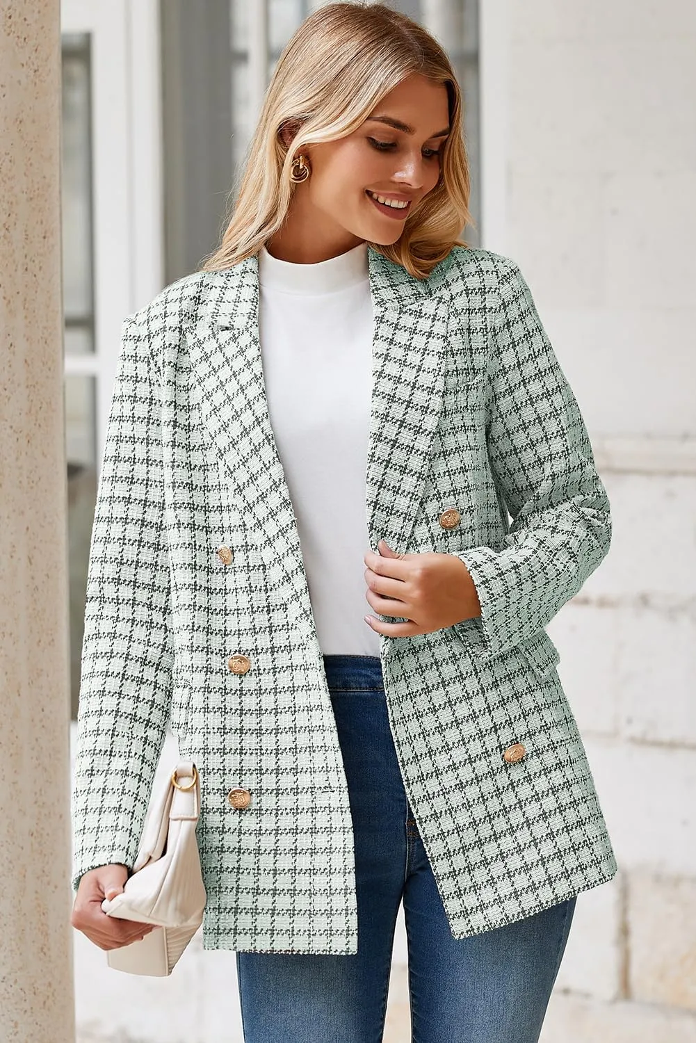 Happy Sailed Womens Plaid Tweed Blazers Dressy Casual Long Sleeve Double Breasted Open Front Blazer Jackets Work Suits