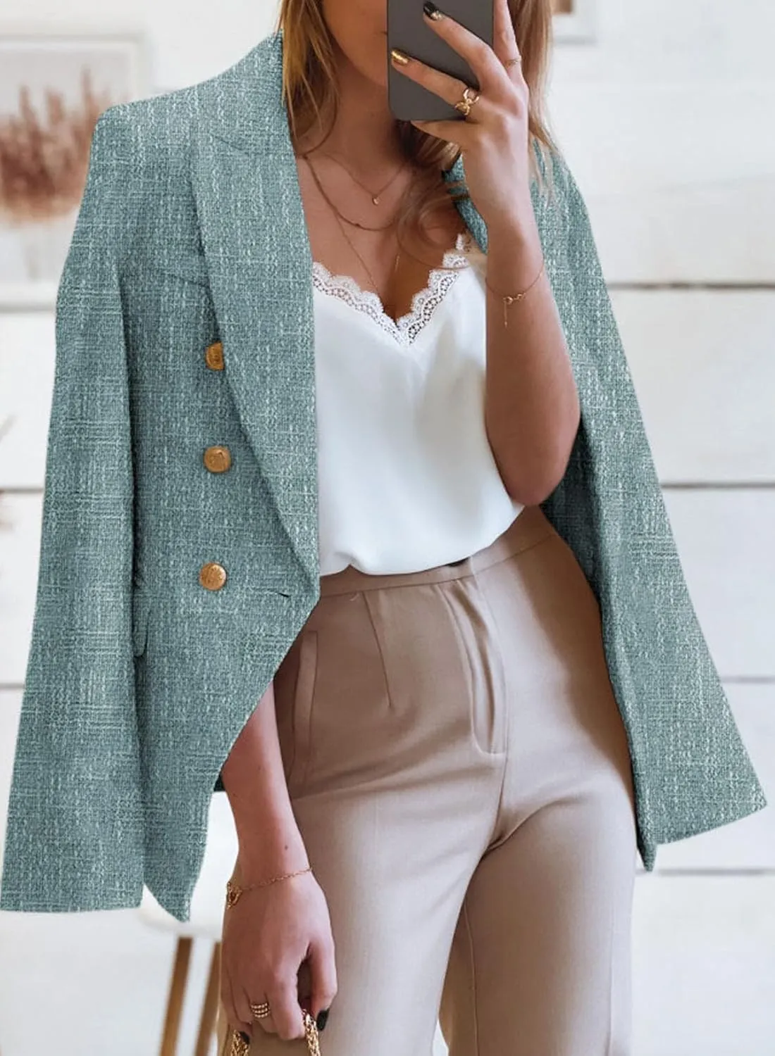 Happy Sailed Womens Tweed Blazers Casual Long Sleeve Double Breasted Open Front Blazer Jackets Work Suits