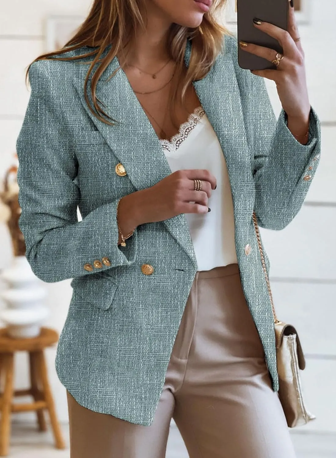Happy Sailed Womens Tweed Blazers Casual Long Sleeve Double Breasted Open Front Blazer Jackets Work Suits