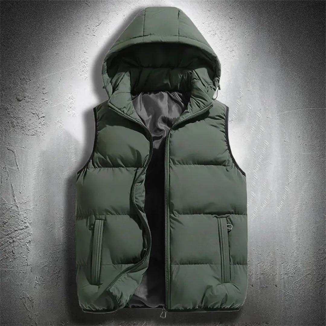 Hooded Vest Jacket Men Puffer Sleeveless Cotton Padded Keep Warm Thicken Autumn Winter Coats Detachable Hood