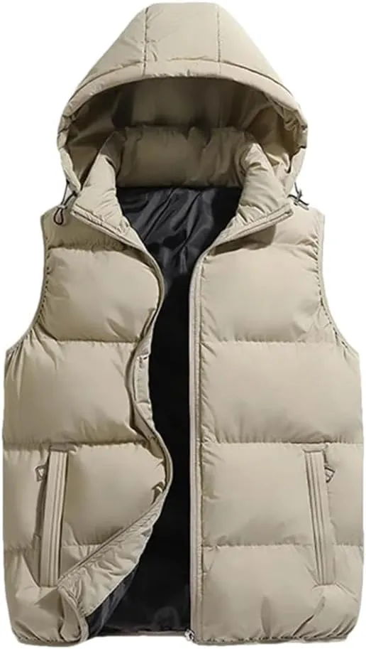 Hooded Vest Jacket Men Puffer Sleeveless Cotton Padded Keep Warm Thicken Autumn Winter Coats Detachable Hood