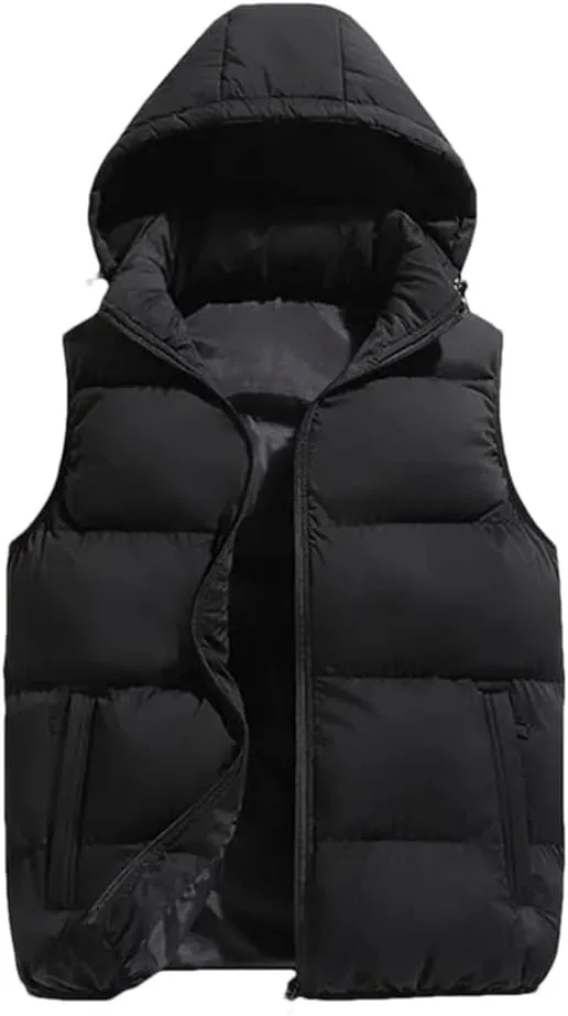 Hooded Vest Jacket Men Puffer Sleeveless Cotton Padded Keep Warm Thicken Autumn Winter Coats Detachable Hood