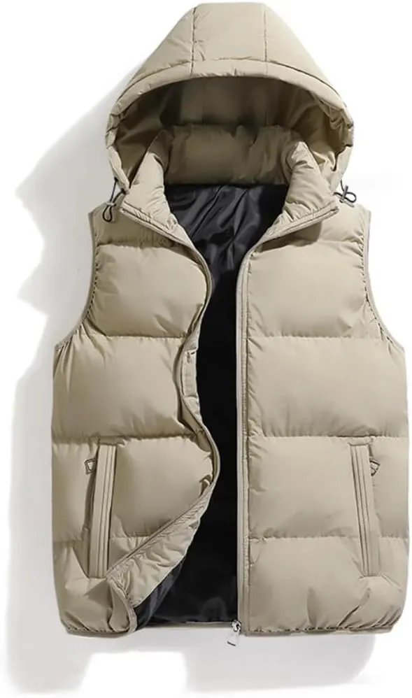 Hooded Vest Jacket Men Puffer Sleeveless Cotton Padded Keep Warm Thicken Autumn Winter Coats Detachable Hood